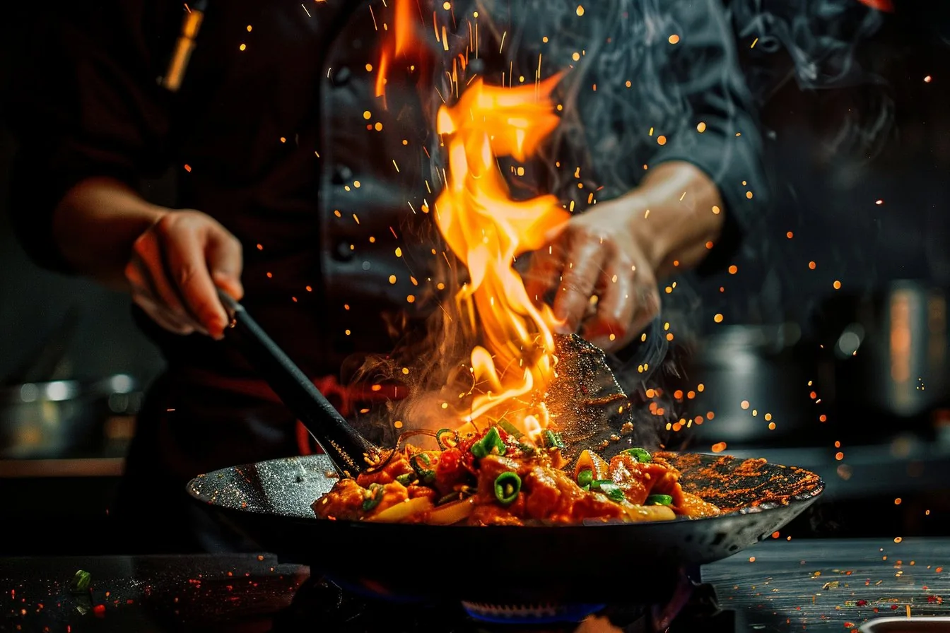 Koch beim Flambieren